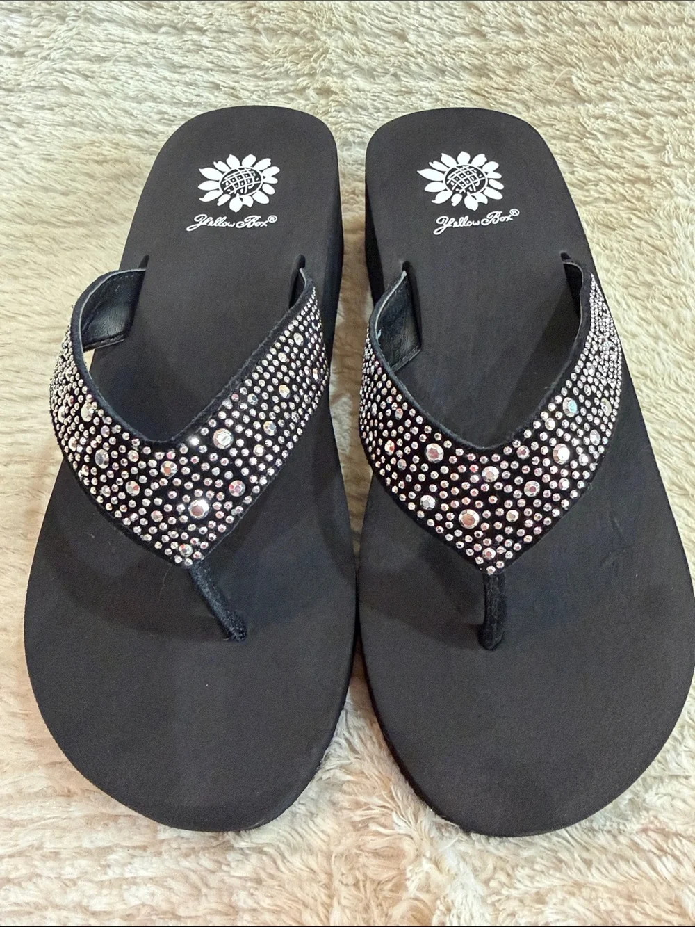 Yellow Box Black Rhinestone Wedge Sandals - Picture 2 of 7